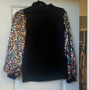 Black Sequin Sleeve Mock Neck Top